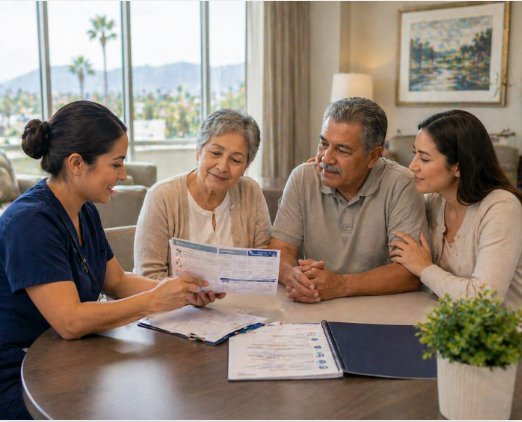family reviewing Medicare skilled nursing benefits with staff Riverside