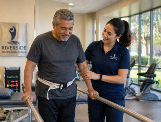 physical therapist assisting resident with walking exercises short-term rehab Riverside