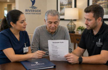 care team reviewing recovery plan with family member short-term rehab Riverside