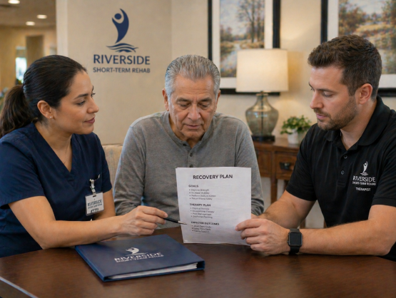 care team reviewing recovery plan with family member short-term rehab Riverside